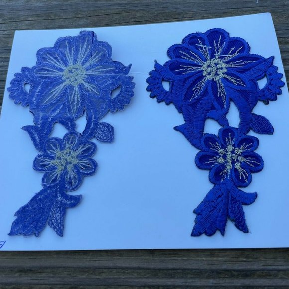 Iron On Patches Blue Embroidery Applique Flower Pattern Shape Craft Set of 2 - Picture 5 of 8